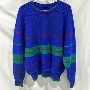Vintage Ribbed Knit Sweater Blue Green Red Striped Crewneck 90s Y2K